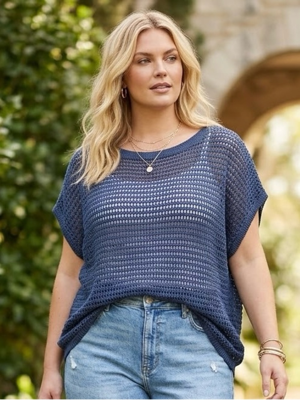 Max Studio Open-Knit Scoop Neck Sweater in Navy Blue